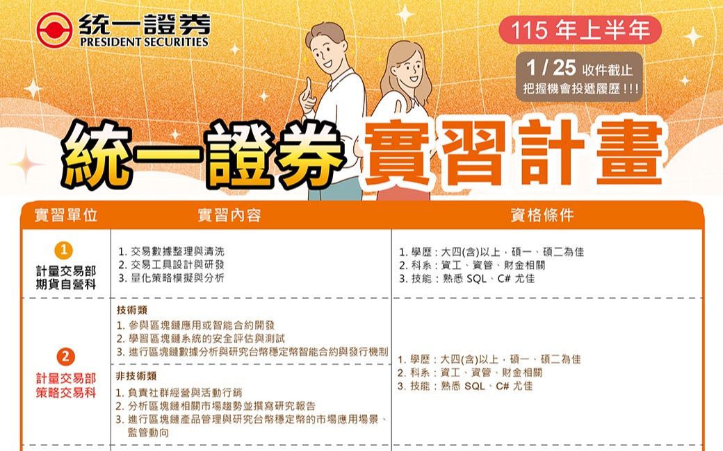 統一證券「115年上半年實習計劃」招募開跑囉！