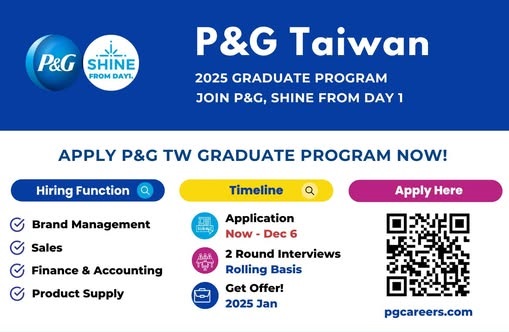 P&G台灣 2025 年校園招募開放投遞中！正職的職位開放申請至2024/12/6（五）23:59